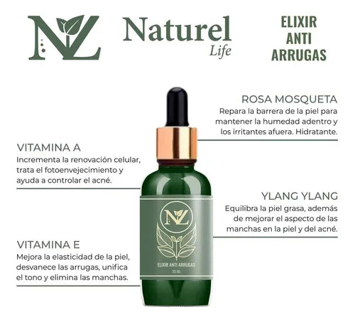 Frasco de serum facial antiarrugas premium con ingredientes naturales y propiedades hidratantes y rejuvenecedoras.